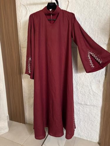 جلابية قمر لنن طبيعي(عنابي برغندي)