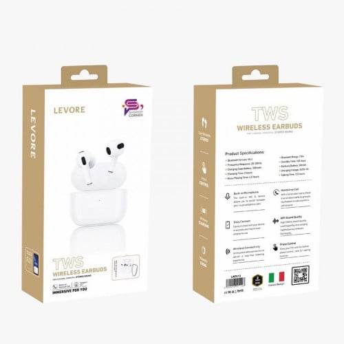 سماعة أذن لاسلكي إير بلس ماركةLEVOREلون ابيض