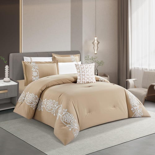 مفرش صيفي مفرد ونص مطرز فاخر 6 قطع - رينا - بيج غا...