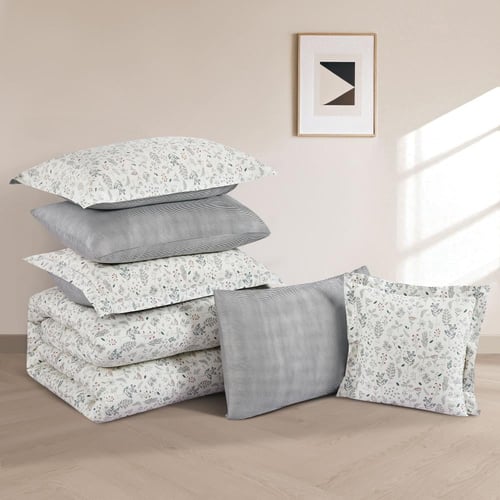 مفرش قطن صيفي مزدوج 8 قطع - زافيرا -سكري - رمادي