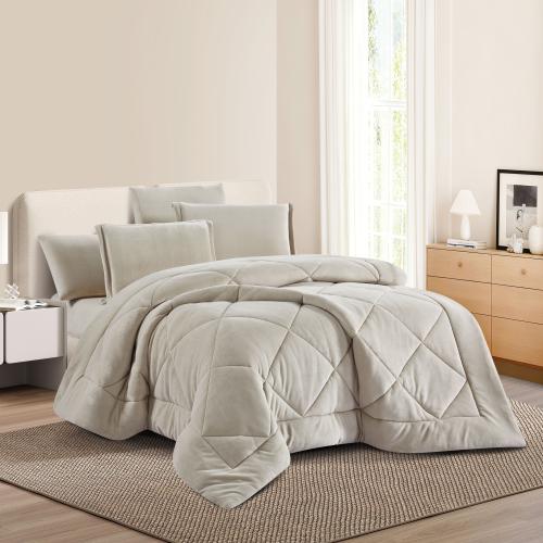 مفرش شتوي مزدوج مخمل فرو 6 قطع - جوانا -بيج فاتح