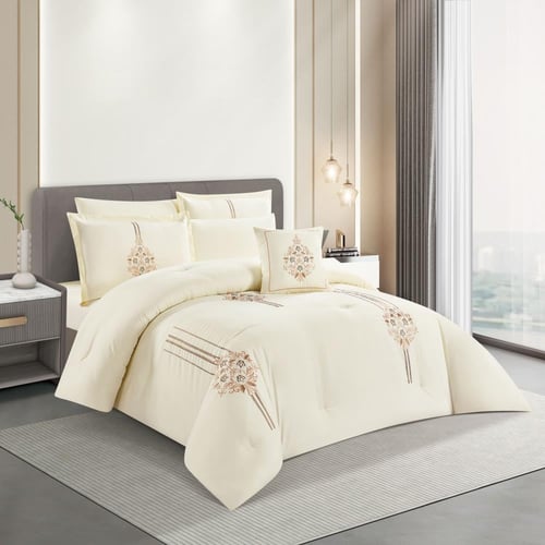 مفرش صيفي مزدوج مطرز فاخر 8 قطع - هيستيا - كريمي