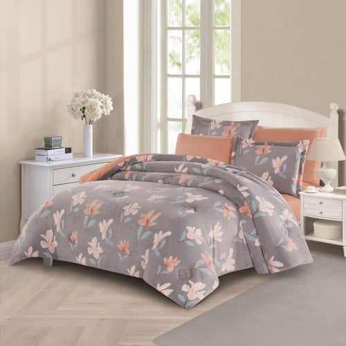 مفرش شتوي مخمل مقاس كوين 6 قطع - اودري - رمادي - خ...