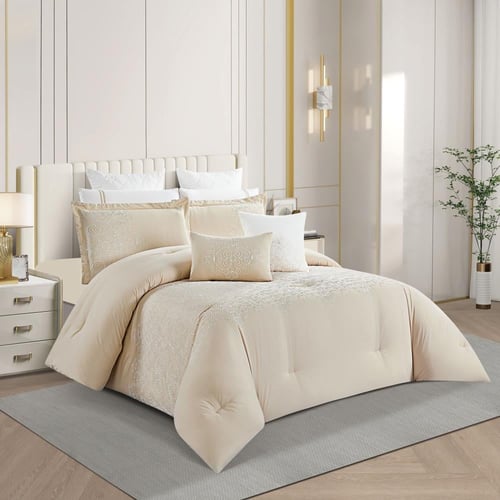 مفرش صيفي مزدوج مطرز فاخر 12 قطعة - سينيا - بيج غا...