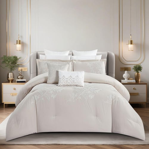 مفرش صيفي مزدوج مطرز فاخر 12 قطعة - ليوني - بيج فا...