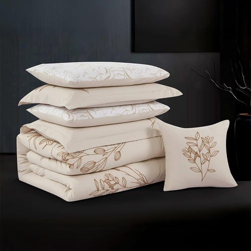 مفرش صيفي مزدوج مطرز فاخر 7 قطع - يودوكيا - بيج فا...