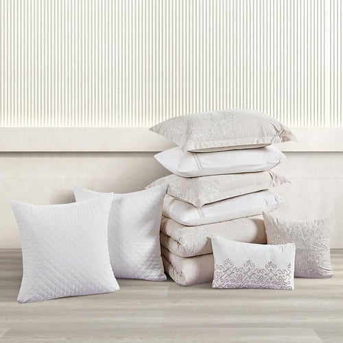 مفرش صيفي مزدوج مطرز فاخر 12 قطعة - ليوني - بيج فا...