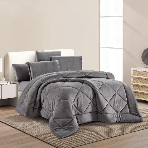 مفرش شتوي مخمل فرو مقاس كوين 6 قطع - لوريفا -رمادي...