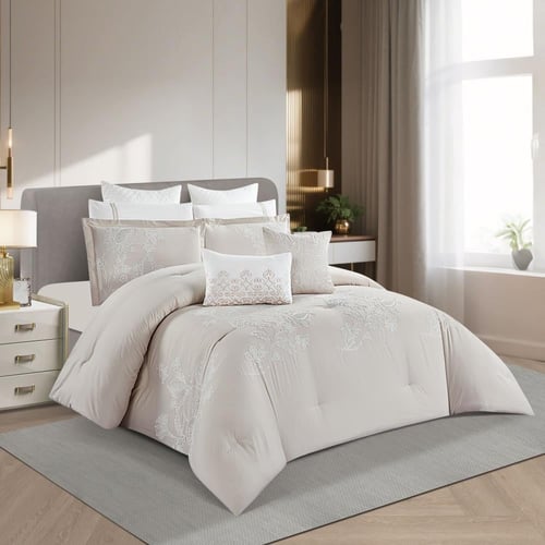 مفرش صيفي مزدوج مطرز فاخر 12 قطعة - ليوني - بيج فا...