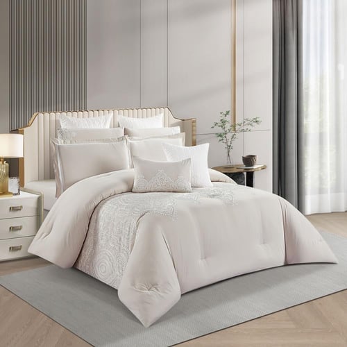 مفرش صيفي مزدوج مطرز فاخر 12 قطعة - فيوري - بيج فا...