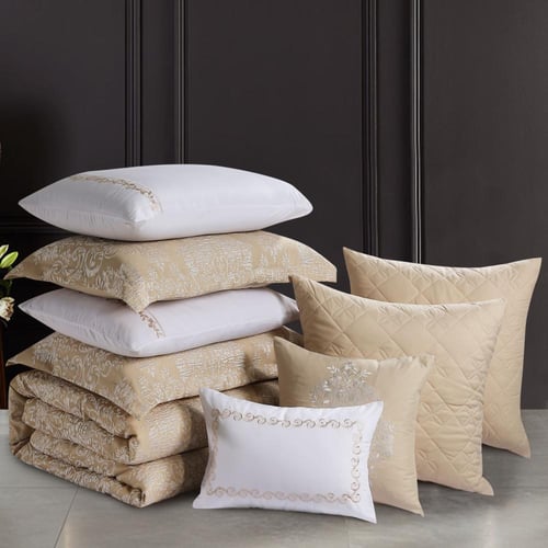 مفرش صيفي فاخر كوين جاكار مطرز 8 قطع –رومينا- بيج