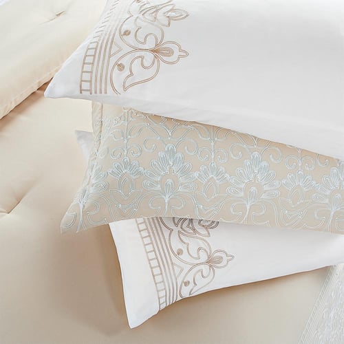 مفرش صيفي مزدوج مطرز فاخر 12 قطعة - ماريسا - بيج غ...