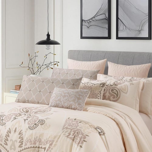 مفرش صيفي مقاس كوين 12 قطعة - كلاريس - كريمي غامق