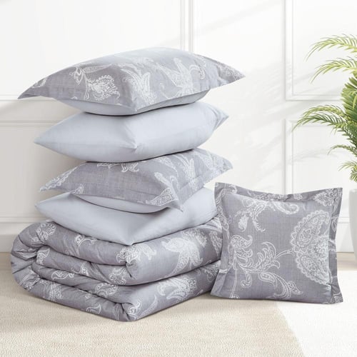 مفرش صيفي مقاس كوين وجهين ٧ قطع - ويلز - رمادي - ر...