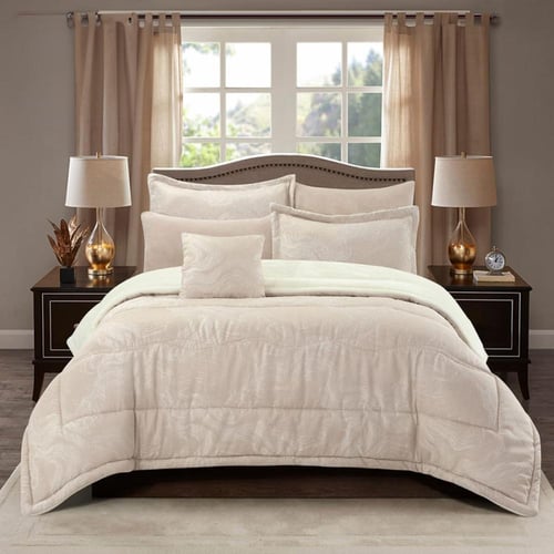 مفرش شتوي مزدوج جاكار فرو 7 قطع - جلوريا - بيج