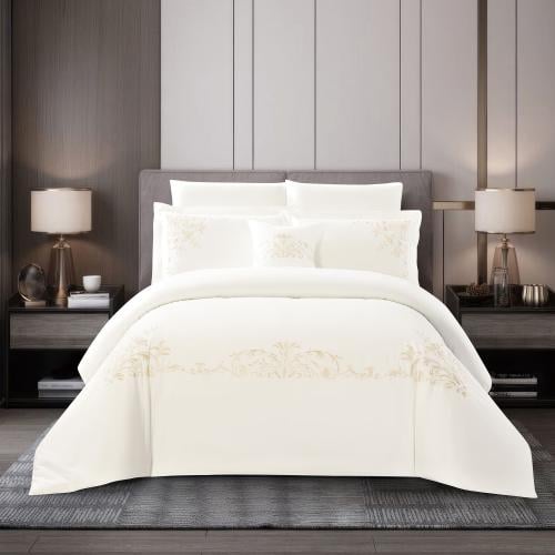 طقم مفرش فندقي قطن 9 قطع | مطرز بحشوة متحركة - لون...