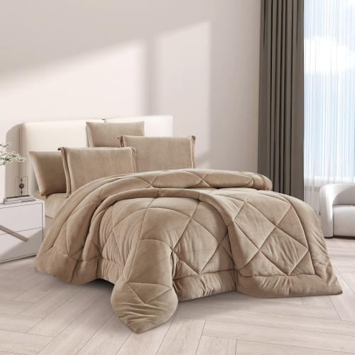 مفرش شتوي مزدوج مخمل فرو 6 قطع - جوانا -بيج غامق