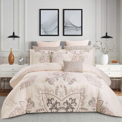 مفرش صيفي مقاس كوين 12 قطعة - كلاريس - كريمي غامق