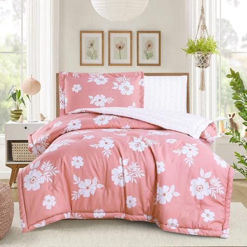 مفرش صيفي مفرد ونص 4 قطع - ليتون - زهري - أبيض