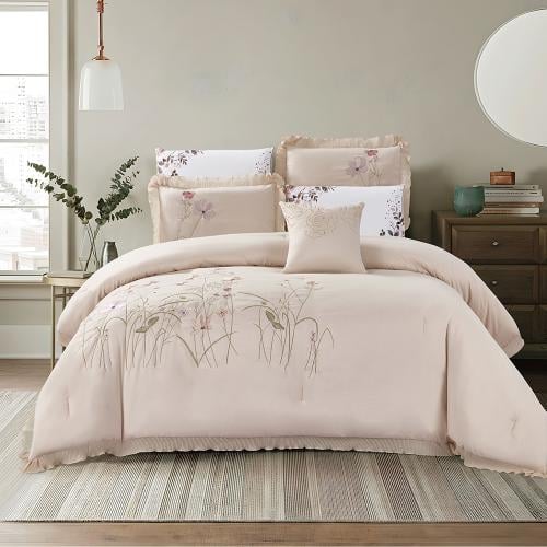 مفرش صيفي مزدوج مطرز فاخر 7 قطع - ازاليا -بيج