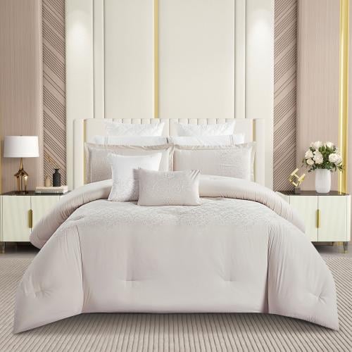 مفرش صيفي مزدوج مطرز فاخر 12 قطعة - سينيا - بيج فا...