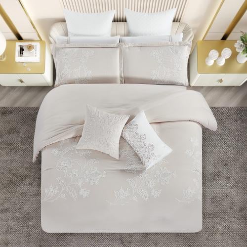 مفرش صيفي مزدوج مطرز فاخر 12 قطعة - ليوني - بيج فا...