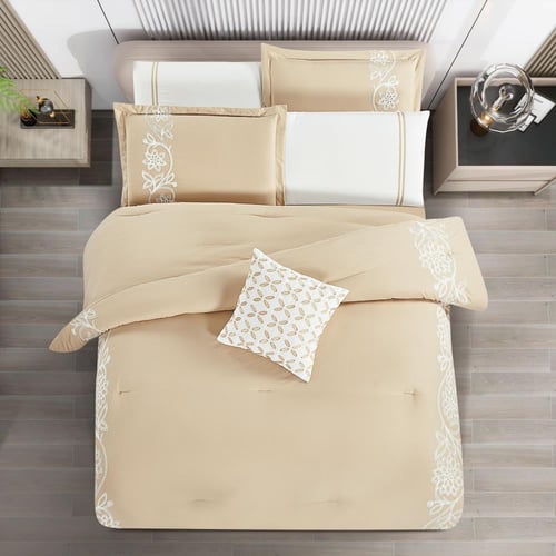 مفرش صيفي مفرد ونص مطرز فاخر 6 قطع - رينا - بيج
