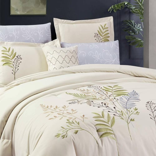 مفرش صيفي مزدوج مطرز فاخر 7 قطع - بروتي - بيج فاتح