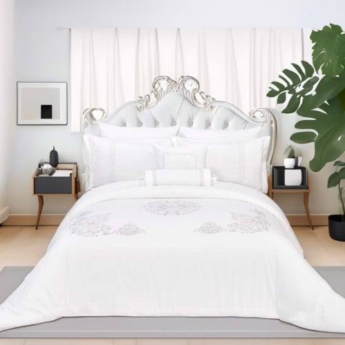 مفرش قطن صيفي مزدوج مطرز 8 قطع - بلانكا - أبيض