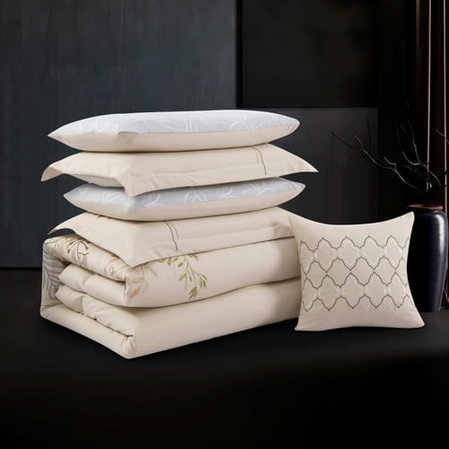 مفرش صيفي مزدوج مطرز فاخر 7 قطع - بروتي - بيج