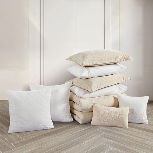 مفرش صيفي مزدوج مطرز فاخر 12 قطعة - سينيا - بيج غا...