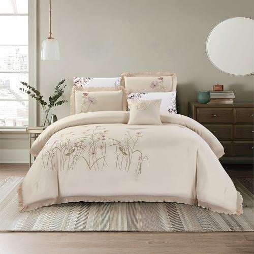 مفرش صيفي مزدوج مطرز فاخر 7 قطع - ازاليا -بيج فاتح