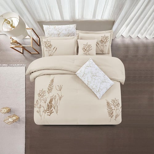 مفرش صيفي مزدوج مطرز فاخر 7 قطع - يودوكيا - بيج فا...