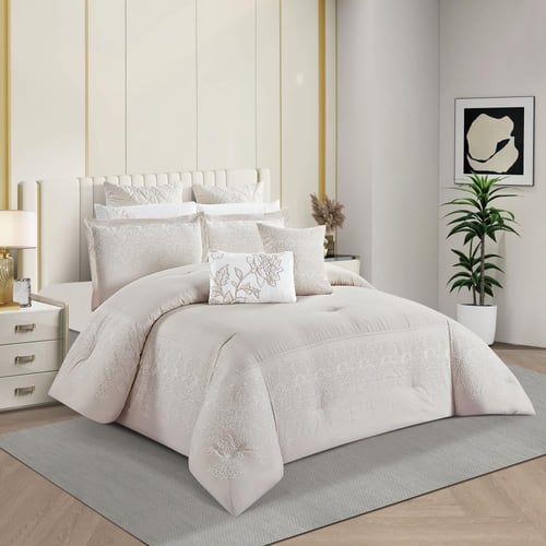 مفرش صيفي مزدوج مطرز فاخر 12 قطعة - ماريسا - بيج ف...