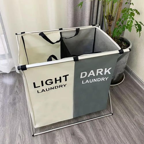 سلة غسيل من قسمين بإطار من الألومنيوم للملابس - رم...