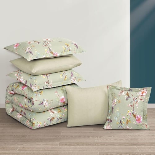 مفرش قطن صيفي مزدوج 8 قطع - افاليون -اخضر - بيج