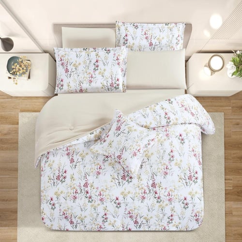 مفرش صيفي مقاس كوين وجهين ٧ قطع - ويلز - ابيض - بي...