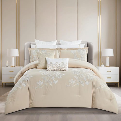 مفرش صيفي مزدوج مطرز فاخر 12 قطعة - ليوني - بيج