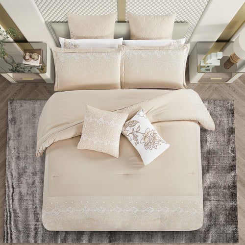 مفرش صيفي مزدوج مطرز فاخر 12 قطعة - ماريسا - بيج غ...