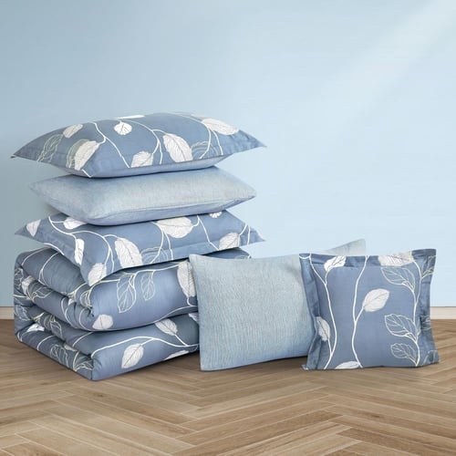 مفرش قطن صيفي مزدوج 8 قطع - افاليون - ازرق غامق  -...