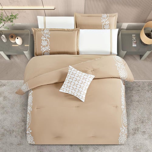 مفرش صيفي مفرد ونص مطرز فاخر 6 قطع - رينا - بيج غا...