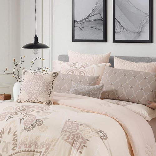 مفرش صيفي مقاس كوين 12 قطعة - كلاريس - كريمي غامق