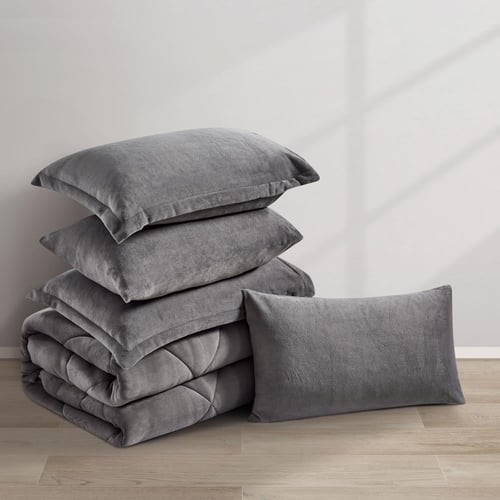 مفرش شتوي مخمل فرو مقاس كوين 6 قطع - لوريفا -رمادي...