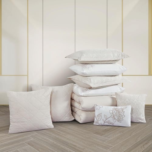 مفرش صيفي مزدوج مطرز فاخر 12 قطعة - ماريسا - بيج ف...