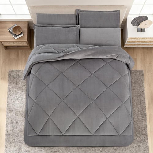 مفرش شتوي مخمل فرو مقاس كوين 6 قطع - لوريفا -رمادي...