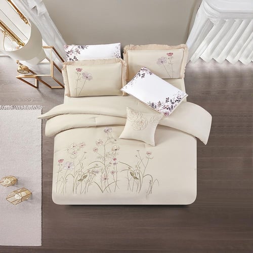 مفرش صيفي مزدوج مطرز فاخر 7 قطع - ازاليا -بيج فاتح