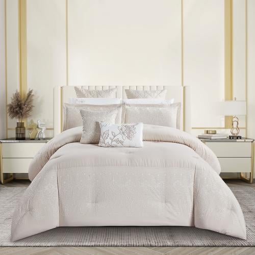 مفرش صيفي مزدوج مطرز فاخر 12 قطعة - ماريسا - بيج ف...