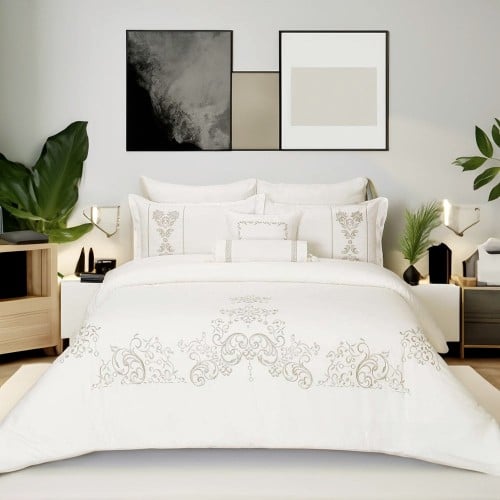 مفرش قطن صيفي مزدوج مطرز 8 قطع - بلانكا - لؤلؤي