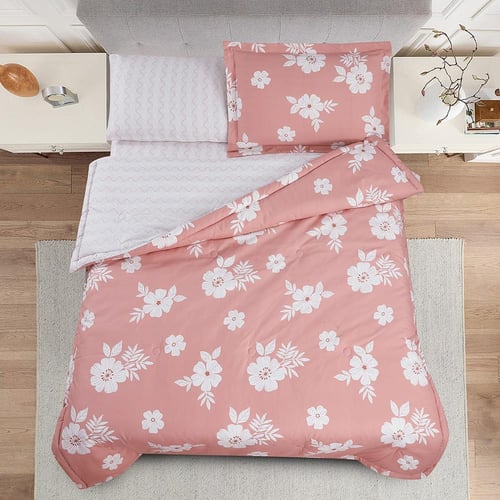 مفرش صيفي مفرد ونص 4 قطع - ليتون - زهري - أبيض