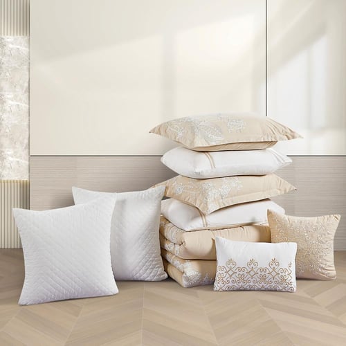 مفرش صيفي مزدوج مطرز فاخر 12 قطعة - ليوني - بيج